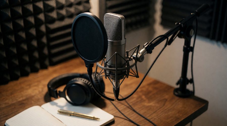 For studio recording, a boom arm keeps the mic and pop filter at mouth height and off the desk