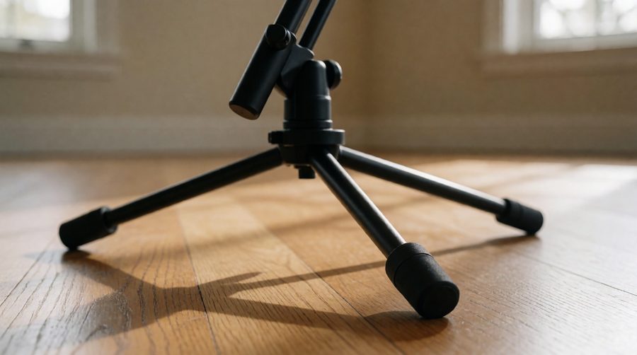 Wide splayed legs with rubber feet keep a tripod stand steady on wood, laminate and tiled floors
