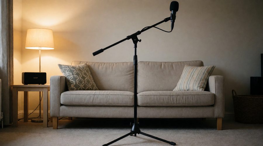 A tripod mic stand with a long boom keeps the microphone in front of you without getting in the way